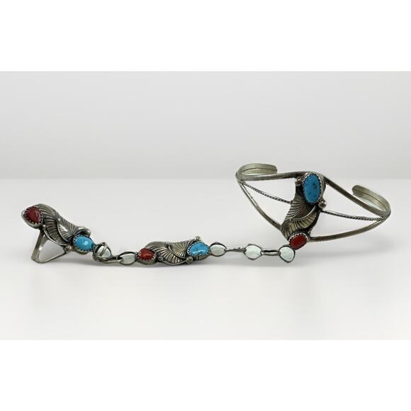 VTG Native American Slave Cuff Bracelet Ring Coral Turquoise on Sterling Silver - Picture 10 of 16